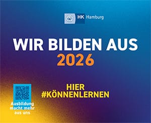 HK Hamburg banner announcing 'Wir bilden aus 2026' with a QR code and the text 'Hier #KÖNNENLERNEN' on a blue‑purple gradient background